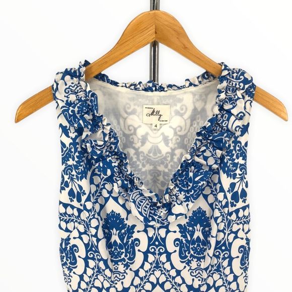 Milly Blue & White Floral Sleeveless V Neck Ruffle Trim Tiered Dress size 4 - Picture 2 of 11